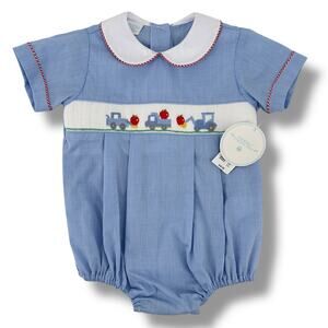 Edgehill Collection Apple Truck Tractor Embroidered Smocked Bubble Romper Sz 6 M